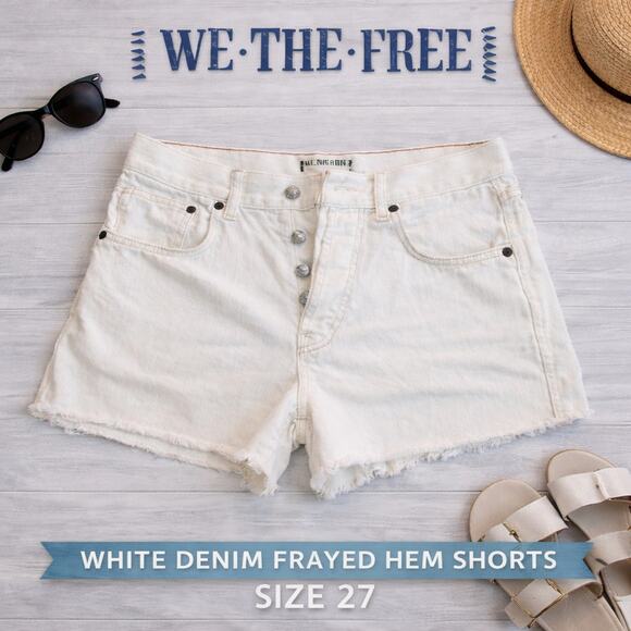 We The Free Pants - We The Free White Denim Shorts Size 27 Button Fly Frayed Hem Free People Cutoffs